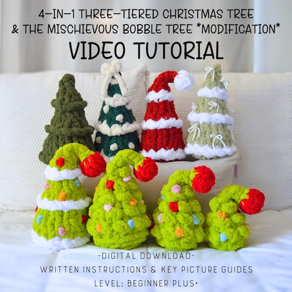4-in-1 Three-Tiered Christmas Tree Video Tutorial/Pattern & The Mischievous Bobble Tree Modification, Hand Knit, Finger Knitting, How To