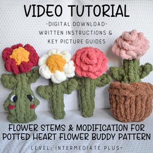 Tutorial video e schema per steli di fiori e *MODIFICA* per il modello di fiore a forma di cuore in vaso, modello per maglia a dita, modello di fiore