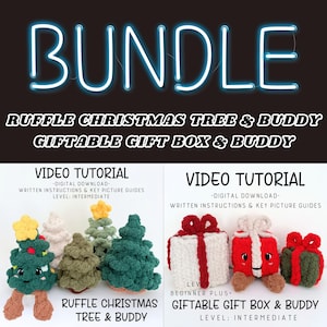 May include: A digital download bundle featuring crochet patterns for a Ruffle Christmas Tree & Buddy and a Giftable Gift Box & Buddy. Includes video tutorials, written instructions, and picture guides for intermediate and beginner plus levels.