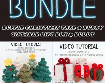 Ruffle Christmas Tree and Giftable Gift Box and Buddies BUNDLE Video Tutorial/Pattern, finger knit, hand knit patterns