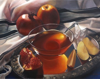 S.B.Ginsburg Rosh Hashana Photorealistic Jewish Painting Still Life Honey New Year