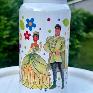 Tiana and Friends 16oz Stainless Steel Tumbler | Includes 2 Lids & Straw | Princess Frog Fairy Tale Cup | Magical Floral Design