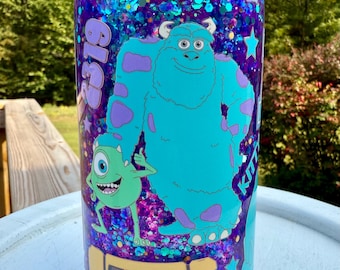 Monsters Inspired Snowglobe Glass Can Tumbler | 16oz Glitter Cup with Bamboo Lid & Straw | Boo inspired Gift