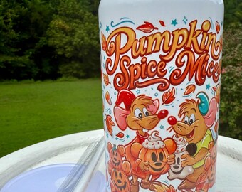 Pumpkin Spice Mice Stainless Steel Can Tumbler – 16oz Fall Coffee Cup with Two Lids & Straw, Cute Autumn Mouse Cup, Seasonal Drinkware Gift
