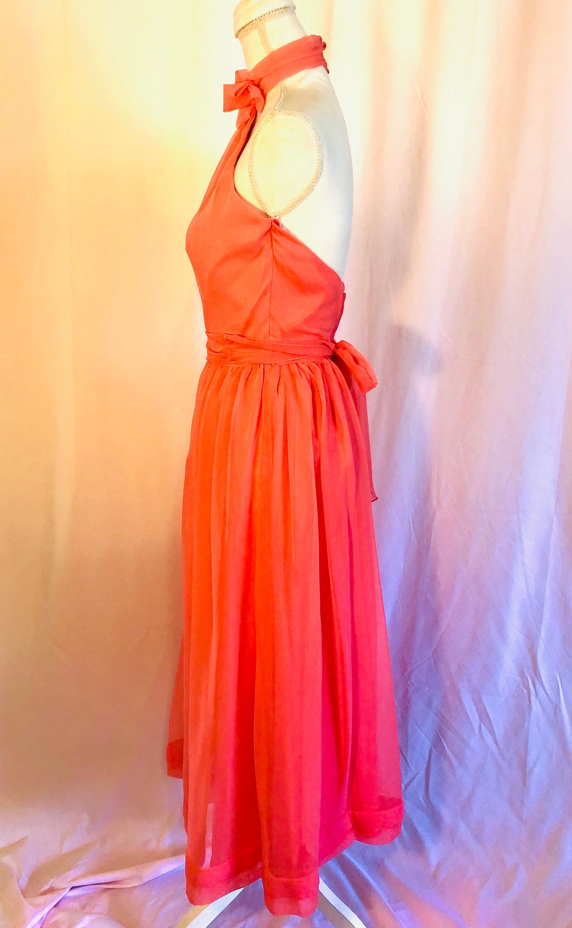 Vintage Bianchi Coral Chiffon Halter Dress with Removable Long Sleeve Top Vintage Bianchi Coral Chiffon Halter Dress with Removable Long Sleeve Top