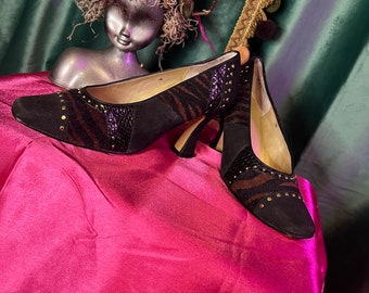 Buty na obcasie z nadrukiem zwierzęcym w stylu vintage z lat 80. / Rozmiar 7 / Obcasy 2-calowe