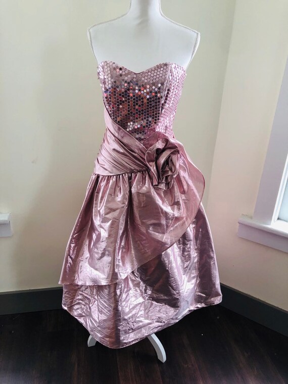 Vintage 1980s Roberta Metallic Pink Prom Dress / V