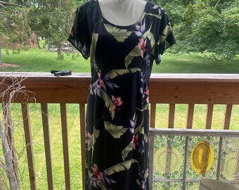 Vintage Tommy Bahama Silk Dress | Size Large | Floral Tropical Print | Empire Waist | Short Sleeve