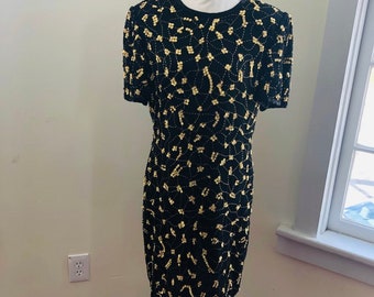 Vintage 1980s Stenay Black and Gold, Bead and Sequin Dress - Women’s Size 12