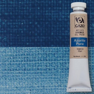 Puede incluir: Un tubo de pintura al &oacute;leo Gazo Artists Handmade en el color Azurita Pura. El tubo es blanco con texto negro y est&aacute; etiquetado como VG#010 25ml. Hecho a mano en los Estados Unidos.