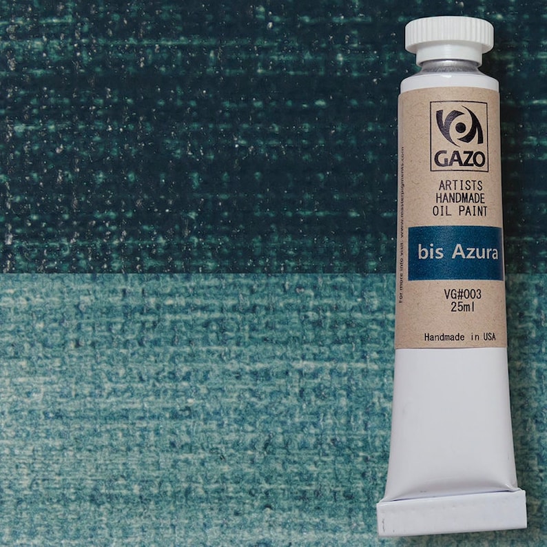 May include: A tube of Gazo Artists Handmade Oil Paint in the color bis Azura. The tube is white with black text and a silver cap. The paint is VG#003 and is 25 ml. The tube is handmade in the USA.