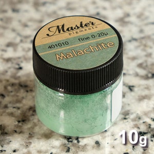 May include: A small jar of Master Pigments Malachite fine 0-20&micro; pigment powder. The jar is labeled with the product name and size, 10g.