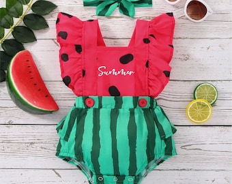 Baby Girl One in a Melon Outfit, Personalized Watermelon Birthday Set, Summer Baby Clothes, Baby Shower Gift, Toddler Romper