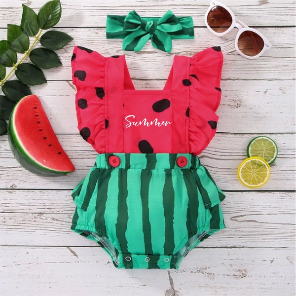 Baby Girl One in a Melon Outfit, Personalized Watermelon Birthday Set, Summer Baby Clothes, Baby Shower Gift, Toddler Romper