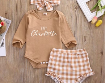Baby Plaid Beige Outfit Girl, Baby Girl Fall Spring Outfit, Personalized Thanksgiving Clothes, Coming Home Set, Baby Shower Gift Photoshoot