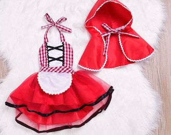 Baby Girl Halloween Costume, Red Riding Hood Cute Infant Baby Outfit, Baby Shower Gift, Toddler Halloween Romper, Baby Summer Apron