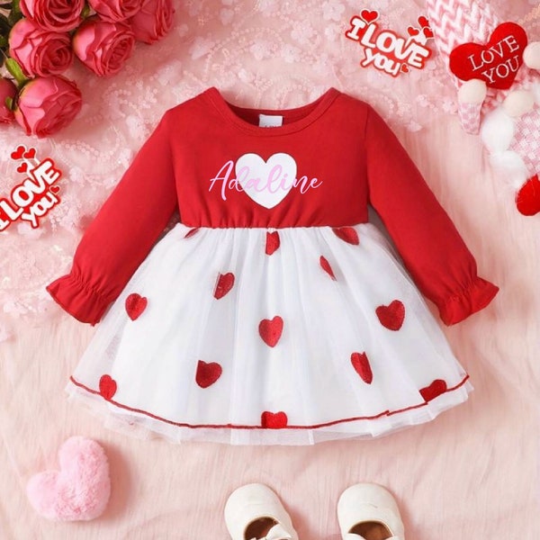 Baby Girl Customized Heart Outfit, Personalized Cute Girl Valentine Clothes, Toddler Heart Dress, Infant First Birthday Outfit