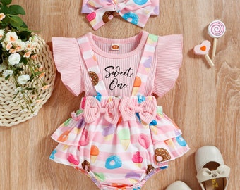 Baby Girl Sweet One Ice Cream Donut Outfit, Personalized Ice Cream Birthday Set, Half Way to One Baby Clothes, Baby Shower Gift