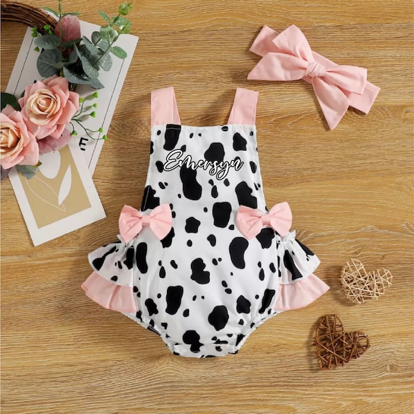 Baby Girl Cow Print Barnyard, Mucca sacra personalizzata I'm One, Vestito per il primo compleanno della fattoria degli animali, Vestito per torta Smash per bambini, Pagliaccetto per servizio fotografico