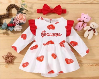 Baby Girl Valentine Romper, Personalized Girl Heart Clothes, Toddler Valentine Outfit, Infant First Birthday Outfit