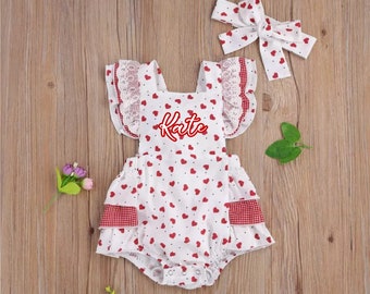 Baby Girl Valentine Romper, Personalized Girl Heart Clothes, Toddler Valentine Outfit, Infant First Birthday Outfit