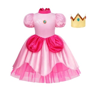 FYMNSI Costume da Principessa Peach per Bambina Costume da Super Mario  Vestito Lungo Rosa a Maniche Corte e Corona per Bambini per Halloween  Natale Festa di Compleanno Carnevale Rosa 4-5 Anni 
