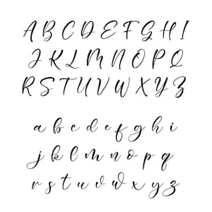May include: Black, elegant cursive alphabet in uppercase and lowercase letters. The letters are arranged in rows on a white background. The font is a stylish, handwritten style, perfect for invitations or personalized designs.