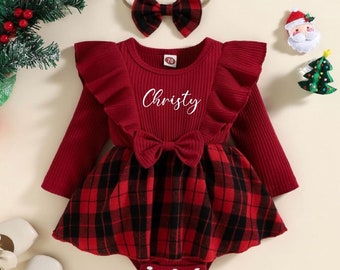 Baby Girl Christmas Outfit Checkered Red Pattern, Personalized Christmas Dress Girl Gift, Holiday Dress, Christmas Gift, My First Christmas