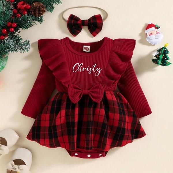 Baby meisje kerstoutfit geruit rood patroon, gepersonaliseerde kerstjurk meisje cadeau, vakantiejurk, kerstcadeau, mijn eerste kerst