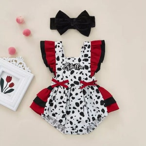 Baby Girl Cruella Halloween Costume, Personalized Dalmatian 101 Outfit, Estella Cruella De Vil Birthday, Baby Cake Smash Photoshoot Romper