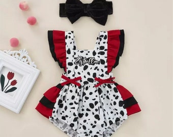 Baby Girl Cruella Halloween Costume, Personalized Dalmatian 101 Outfit, Estella Cruella De Vil Birthday, Baby Cake Smash Photoshoot Romper