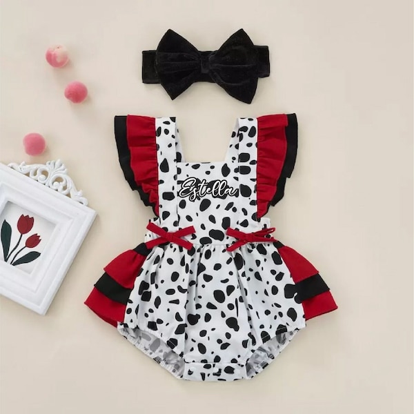 Baby Girl Cruella Halloween Costume, Personalized Dalmatian 101 Outfit, Cruella De Vil Birthday Outfit, Baby Cake Smash Photoshoot Romper