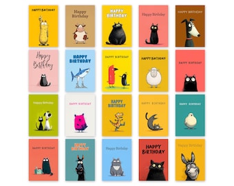 Confezione di biglietti di auguri di compleanno con illustrazioni di animali - Set di 20 biglietti di auguri assortiti con buste - Stampati su cartoncino pesante di alta qualità - ANML_004