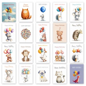 Puede incluir: Un conjunto de tarjetas de cumpleaños en acuarela con animales y la inscripción "Happy Birthday". Las tarjetas presentan varios animales, como un ratón, un gato, un perro, un oso, un elefante y un erizo, con globos.