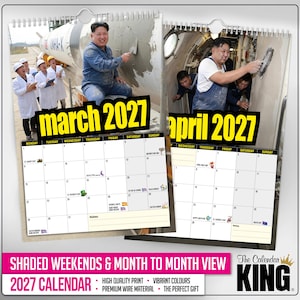 Pu&ograve; includere: Un calendario da parete per il 2027 con immagini di un uomo che lavora su un muro. Il calendario mostra i mesi di marzo e aprile, con una griglia di date e festivit&agrave;. Il testo "march 2027" e "april 2027" &egrave; in grandi lettere gialle.