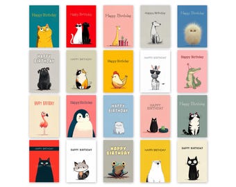 Paquete de tarjetas de cumpleaños con ilustración de animales - Juego de 20 tarjetas de felicitación surtidas con sobres - Impresas en cartulina premium - ANML_005