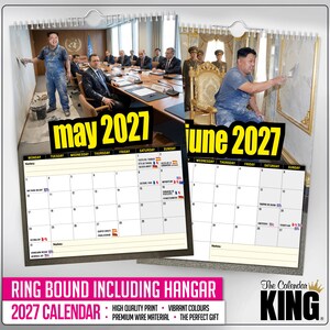 Pu&ograve; includere: Un calendario ad anelli 2027 con gancio. Il calendario presenta immagini di persone al lavoro e griglie di calendario per maggio e giugno. I testi "maggio 2027" e "giugno 2027" sono visualizzati. La parte inferiore del calendario recita "RING BOUND INCLUDING HANGAR".