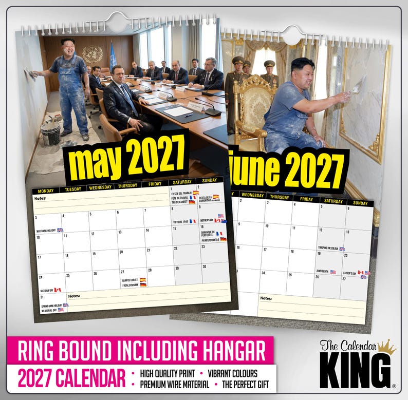 Pu&ograve; includere: Un calendario ad anelli 2027 con gancio. Il calendario presenta immagini di persone al lavoro e griglie di calendario per maggio e giugno. I testi "maggio 2027" e "giugno 2027" sono visualizzati. La parte inferiore del calendario recita "RING BOUND INCLUDING HANGAR".