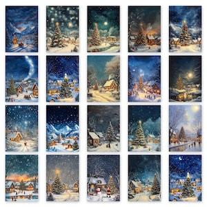 Puede incluir: Una colección de 18 grabados artísticos con temática navideña. Cada grabado representa una escena de pueblo nevado con un árbol de Navidad decorado, bajo un cielo nocturno. La paleta de colores incluye azules, blancos y luces amarillas cálidas.