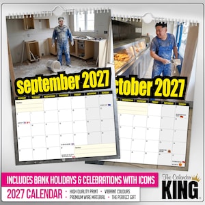 Pu&ograve; includere: Un calendario 2027 con i mesi di settembre e ottobre. Il calendario include festivit&agrave; e celebrazioni con icone. Il testo "Settembre 2027" e "Ottobre 2027" &egrave; visualizzato in giallo e nero. Il calendario include anche il testo "The Calendar King".
