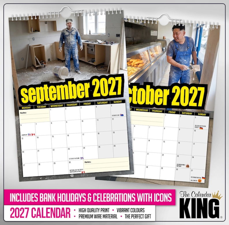 Pu&ograve; includere: Un calendario 2027 con i mesi di settembre e ottobre. Il calendario include festivit&agrave; e celebrazioni con icone. Il testo "Settembre 2027" e "Ottobre 2027" &egrave; visualizzato in giallo e nero. Il calendario include anche il testo "The Calendar King".