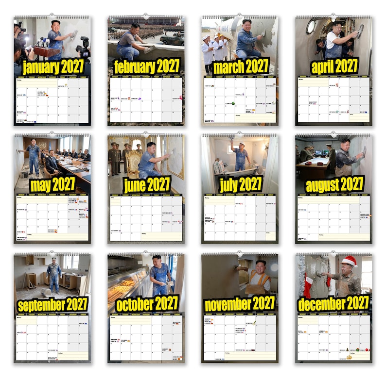 Pu&ograve; includere: Un calendario da parete per l'anno 2027, con dodici pagine mensili. Ogni pagina presenta un'immagine diversa di una persona in vari contesti, con il mese e l'anno ben visibili in alto. Il calendario ha una rilegatura a spirale.