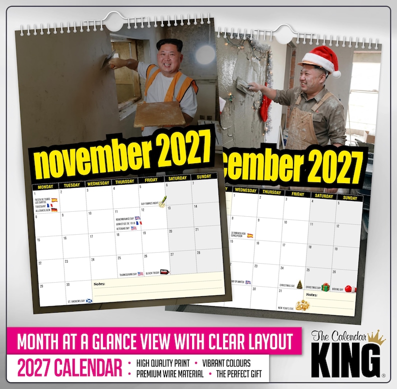 Pu&ograve; includere: Un calendario 2027 con novembre e dicembre, con un layout chiaro. Il calendario ha uno sfondo nero con testo giallo e include immagini di una persona. Il calendario contiene anche il testo "Visualizzazione mensile a colpo d'occhio con layout chiaro".