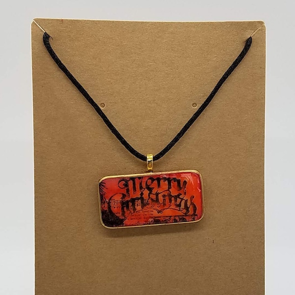 Rouge et noir Vintage Merry Christmas Domino Pendant Necklace