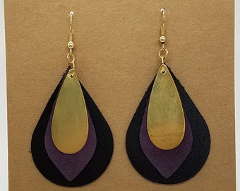 Boucles d'oreilles en cuir violet et noir