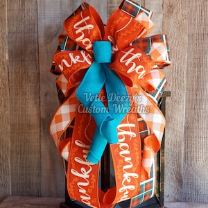 Fall Wreath Bow: Turquoise, Orange &#39;Thankful&#39; Ribbon Decor