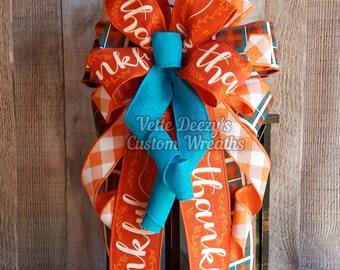 Fall Wreath Bow: Turquoise, Orange 'Thankful' Ribbon Decor