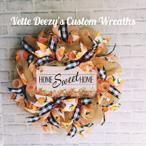 Spring Wreath, Summer Wreath, Front Door Wreath, Home Sweet Home Wreath, Peach Wreath, Deco Mesh Wreath, Peach Decor, Farmhouse Wreath