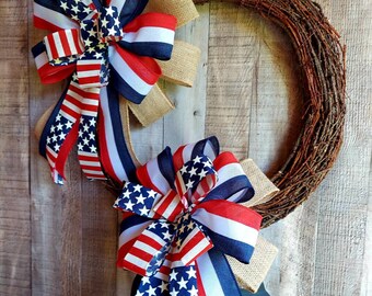 Patriotic Wreath Bow: Red White Blue Stars, Lantern Topper
