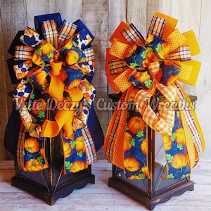 Fall Pumpkin Wreath Bow: Blue, Orange Harvest Decor